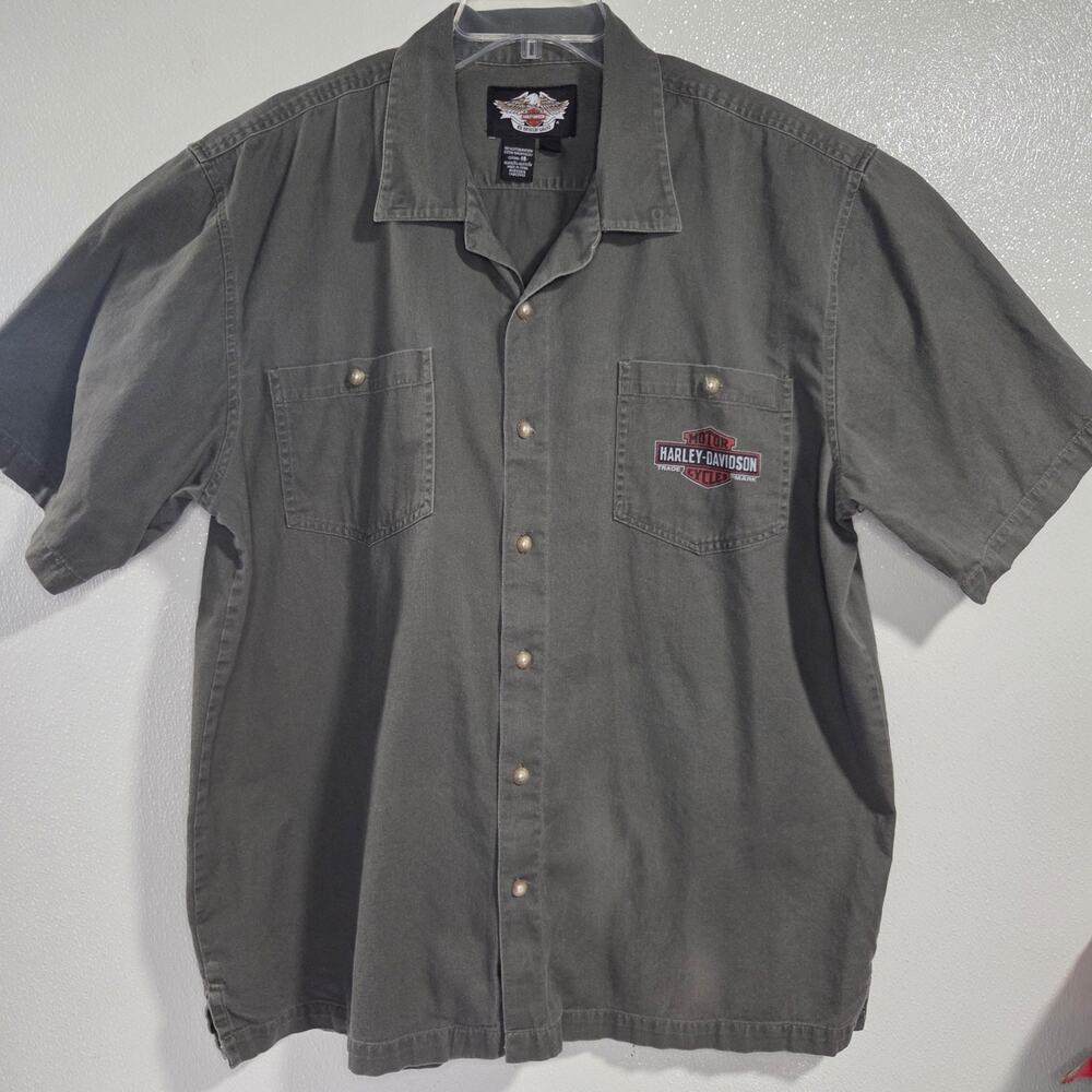 Harley Davidson Motorcycle Garage Mechanic Gray Button Shirt Oil Refinery XL